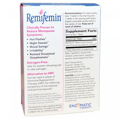 Реміфемін, пом'якшення симптомів при передменопаузою і менопаузі, Enzymatic Therapy, 120 таблеток