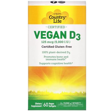 Вегетаріанський вітамін Д3 Country Life (Vegan D3) 125 мкг 5000 МО 60 капсул