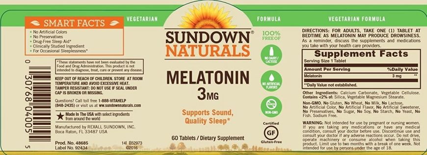 Мелатониновые таблетки, Sundown Naturals, 3 мг, 60 таблеток купить в Киеве и Украине