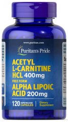 Ацетил L-карнітин з Альфа-ліпоєвої кислотою, Acetyl L-Carnitine with Alpha Lipoic Acid, Puritan's Pride, 400 мг / 200 мг, 120 капсул