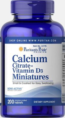 Кальцій Цитрат + вітамін Д3 Puritan's Pride (Calcium Citrate + Vitamin D3 Miniatures) 200 таблеток
