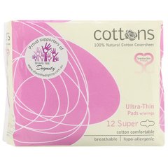 Cottons Comforts, 100% Natural Cotton Coversheet, Ultra-Thin Pads with Wings, Super, 12 Pads купить в Киеве и Украине