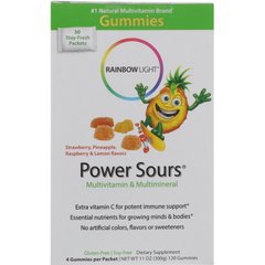 Мультивітаміни і мультимінерали, терпкі фруктові смаки, Power Sours® Multivitamin & Mineral, Rainbow Light, 30 пакетиків, 12.7 унцій (360 г)