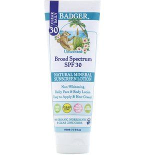 Clear Daily, natural mineral sunscreen lotion, pure zinc, sun protection factor 30, unscented, Badger Company, 4 fluid ounces (118 ml).