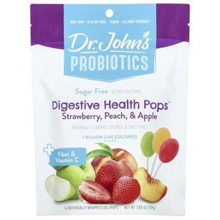 Dr. John's Healthy Sweets, Пробиотики, леденцы для здоровья пищеварительной системы, с клетчаткой и витамином C, клубника, персик и яблоко, без сахара, 1 миллиард, 14 леденцов на палочке в индивидуальной упаковке, 109 г (3,85 унции) купить в Киеве и Украине