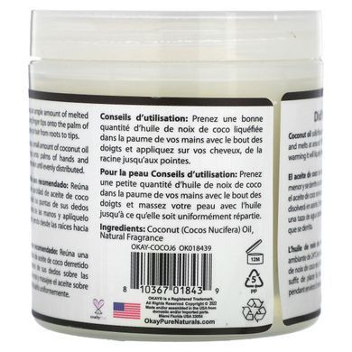 100% чисте кокосове масло, глибоке зволоження, 100% Pure Coconut Oil, Deep Moisturizing, Okay Pure Naturals, 177 мл