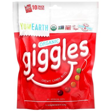 Органічні льодяники, Organic Giggles, YumEarth, 10 пакетів з закусками по 0,5 унції (14 г) кожна