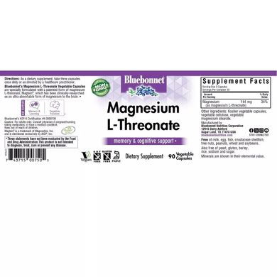 Магний треонат Bluebonnet Nutrition (Magnesium L-Threonate) 90 вегетарианских капсул купить в Киеве и Украине