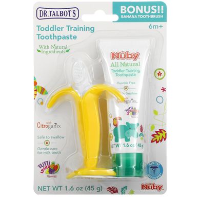 Dr. Talbot's, Зубна паста для навчання малюків із банановою зубною щіткою, 6 міс. +, Tutti Frutti, набір з 2 предметів