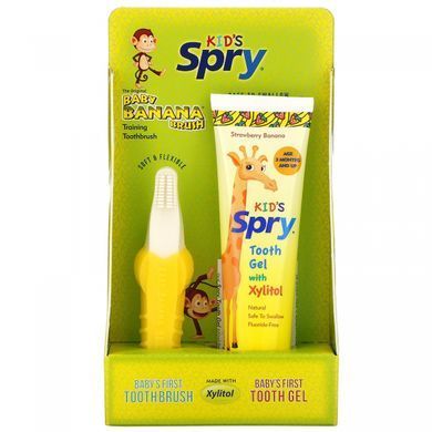 Original kids brush in the shape of a banana, training toothbrush and gel, set of, Xlear, 2 pieces.