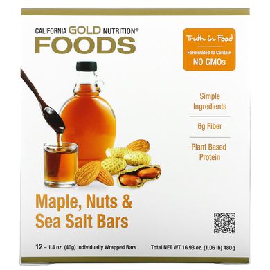 Батончики з кленовим сиропом горіхами та морською сіллю California Gold Nutrition (Foods Maple Nuts & Sea Salt Bars) 12 батончиків по 40 г