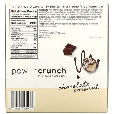 BNRG, Power Crunch Protein Energy Bar, chocolate coconut, 12 bars of 1.4 oz (40 g) each.