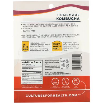Справжній чайний гриб, заквасочних культура, Cultures for Health, 1 пакет, 0,08 унц (2,4 г)