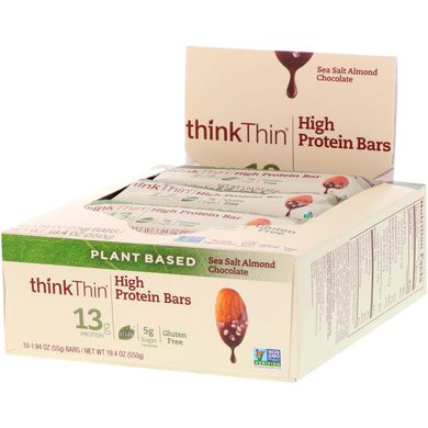 Батончики з високим вмістом протеїну, з морською сіллю, мигдалем і шоколадом, ThinkThin, 10 баточніков, 1,94 унц (55 г) кожен