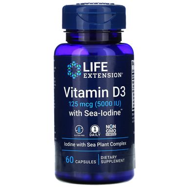 Вітамін Д3 з морським йодом, Vitamin D3 with Sea-Iodine, Life Extension, 5000 МО, 60 капсул