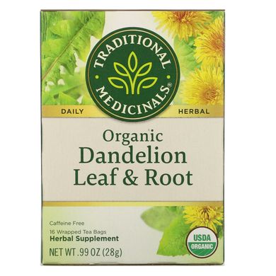 Органічний чай Dandelion Leaf ,Root без кофеїну, Traditional Medicinals, 16 пакетиків, 99 унц (28 г)