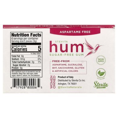 Stevita Naturals, Hum&reg;, Sugar-Free Gum, Bubblegum, 12 Pieces