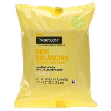 Міцелярна очищуюча серветка для шкіри, Skin Balancing, Micellar Cleansing Cloth, Neutrogena, 25 попередньо зволожених серветок