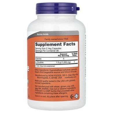 Цитруллин с кальцием Now Foods (L-Citrulline) 750/36 мг 180 капсул купить в Киеве и Украине
