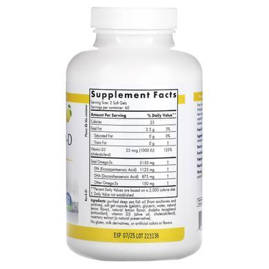 Омега-3 + вітамін D-3 Nordic Naturals (ProOmega 2000-D) 1250 мг 120 капсул зі смаком лимона