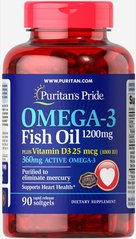 Омега-3 рыбий жир плюс витамин D3, Omega 3 Fish Oil plus Vitamin D3, Puritan's Pride, 1200 мг, 1000 МЕ, 90 капсул купить в Киеве и Украине