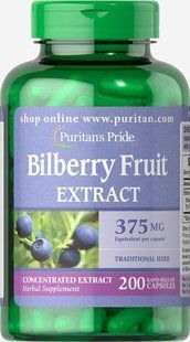 Черника, Bilberry, Puritan's Pride, 375 мг, 200 капсул купить в Киеве и Украине