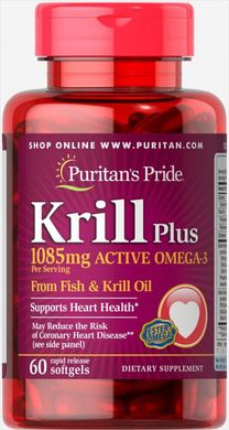 Крилеве олія Плюс з високим вмістом омега-3 концентрату, Krill Oil Plus High Omega-3 Concentrate, Puritan's Pride, 1085 мг, 60 капсул