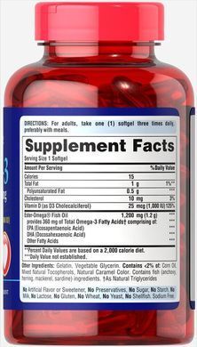 Омега-3 рыбий жир плюс витамин D3, Omega 3 Fish Oil plus Vitamin D3, Puritan's Pride, 1200 мг, 1000 МЕ, 90 капсул купить в Киеве и Украине