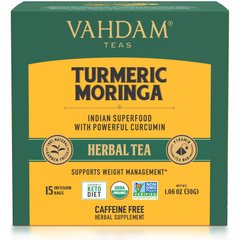 Трав'яний чай, куркума і морінга, без кофеїну, Vahdam Teas, 15 чайних пакетиків, 30 г (1,06 унції)