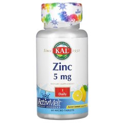 Цинк, сладкий лимон, Zinc ActivMelt Sweet Lemon, KAL, 5 мг, 60 микротаблеток купить в Киеве и Украине