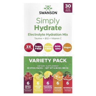 Swanson, Simply Hydrate, Electrolyte Hydration Mix, Variety Pack, 30 Sticks Packs, 6.36 oz (180 g)