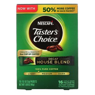 Nescafé, Тэйстерс Чойс, Растворимый Кофе, Декаф Хаус Бленд, 16 пакетиков, 0.1 унций (3 гр) каждый купить в Киеве и Украине