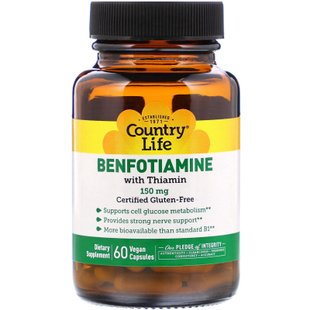 Бенфотиамин, с коферментом B1, B1 with Benfotiamine, Country Life, 150 мг, 60 растительных капсул купить в Киеве и Украине