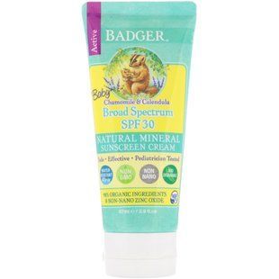 Детский солнцезащитный крем, широкий спектр SPF30, ромашка и календула, Badger Company, 2.9 жидких унций (87 мл) купить в Киеве и Украине