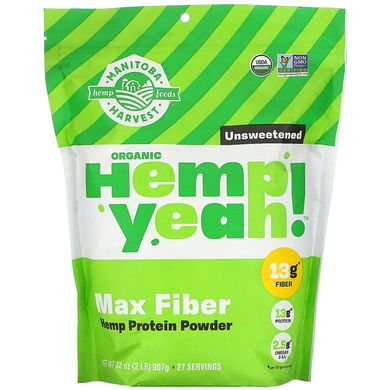 Протеїновий порошок з конопель, без цукру, Hemp Yeah! Max Fiber Hemp Protein Powder, Unsweetened, Manitoba Harvest, 907 г