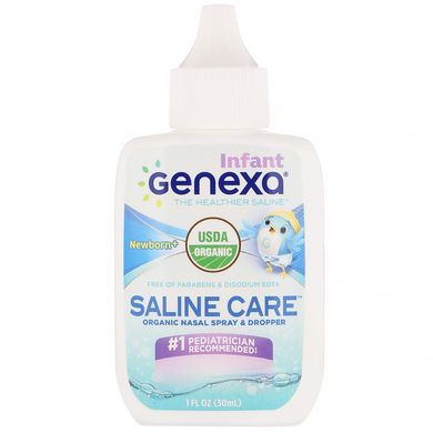 Сольовий розчин для немовлят, органічний назальний спрей і піпетка, для новонароджених та більш старших дітей, Genexa, 30 мл