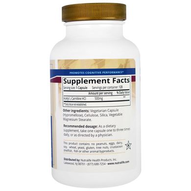 Ацетил-L-карнітину гідрохлорид, NutraLife, 500 мг, 120 капсул