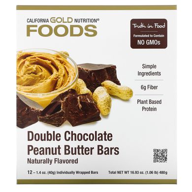 Подвійні шоколадні батончики з арахісовим маслом California Gold Nutrition (Foods Double Chocolate Peanut Butter Flavor Bars) 12 батончиків по 40 г