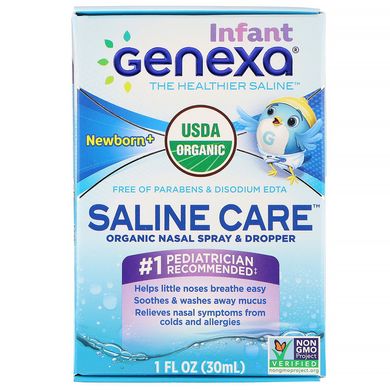 Сольовий розчин для немовлят, органічний назальний спрей і піпетка, для новонароджених та більш старших дітей, Genexa, 30 мл