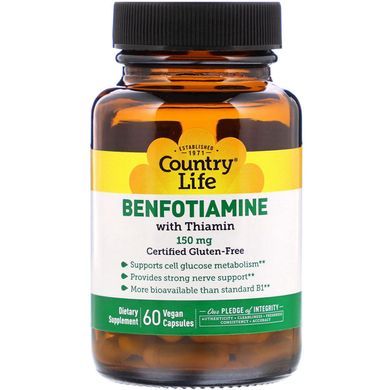 Бенфотіамін, з коферментом B1, B1 with Benfotiamine, Country Life, 150 мг, 60 рослинних капсул