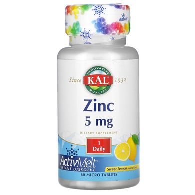 Цинк, солодкий лимон, Zinc ActivMelt Sweet Lemon, KAL, 5 мг, 60 мікротаблеток