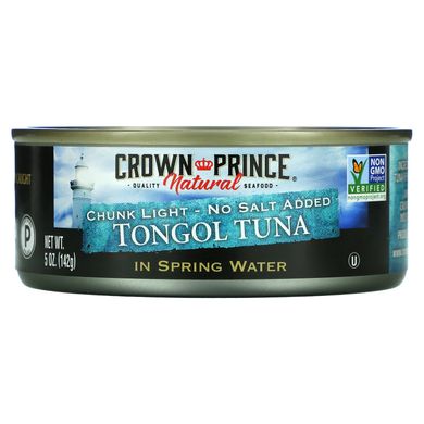 Шматочки легкого тунця тонгол - без додавання солі, в джерельній воді, Crown Prince Natural, 5 унцій (142 г)