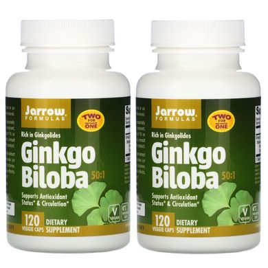 Гінкго Білоба 50:1 Jarrow Formulas (Ginkgo Biloba 50:1) 60 мг 2 баночки 120 вегетаріанських капсул у кожній