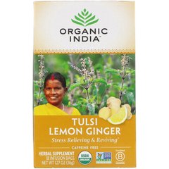 Чай Тулса, з ароматом лимона і імбиру, без кофеїну, Organic India, 18 паперових пакетиків, 127 унцій (36 г)