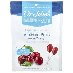 Dr. John's Healthy Sweets, Immune Health, леденцы со вкусом леденцов, + 200% суточной нормы витаминов C и D, черешня, без сахара, 14 леденцов на палочке в индивидуальной упаковке, 109 г (3,85 унции) купить в Киеве и Украине