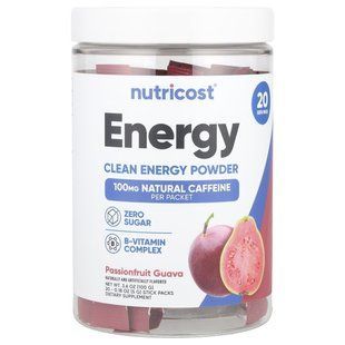Nutricost, Energy, чистий порошок для отримання енергії, маракуйя й гуава, 20 пакетиків-стіків по 5 г (0,18 унції)