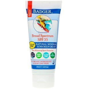 Sport, natural mineral sunscreen, clear zinc, SPF35, unscented, Badger Company, 87 ml