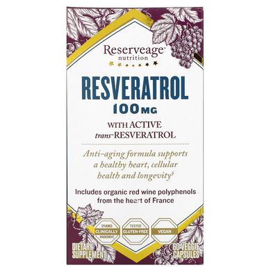 Ресвератрол, ReserveAge Nutrition, 100 мг, 60 капсул на рослинній основі