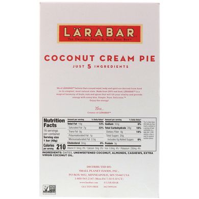 Батончики зі смаком кокосового кремового пирога Larabar 16 бат. по 48 г