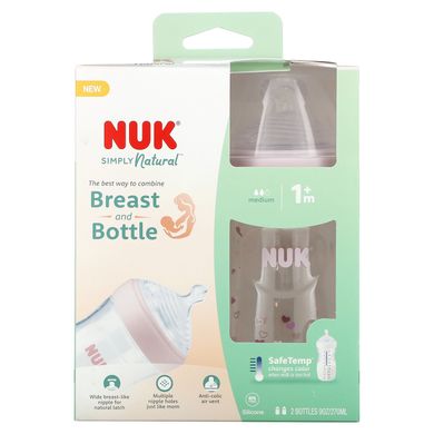 NUK, Дитяча пляшечка Simply Natural, від 1 місяця, середня, рожева, 2 пляшечки, 9 унцій (270 мл) кожна